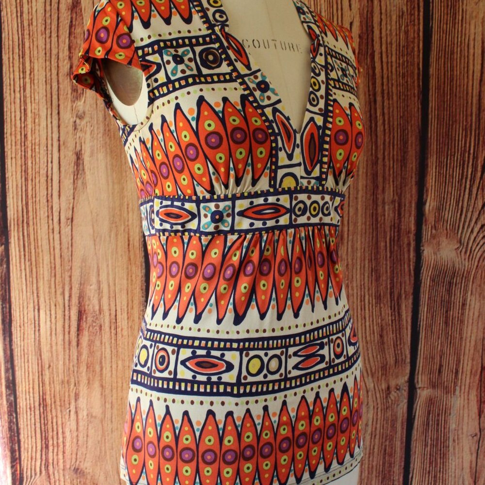 Trina Turk Womens Blouse, Silk, Size 0, Tribal Pattern in Orange and Navy - Picture 8 of 12